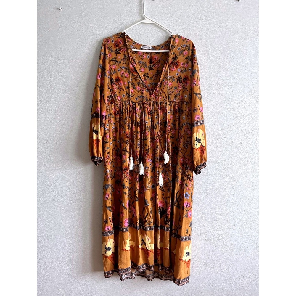 R. Vivimos Dress Womens Medium Brown Floral Boho Tassel Midi 3/4 Sleeve Peasant